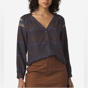 Prana Elsie Tencel Blouse Small Gray/Blue Abstract Woven V-Neck Popover Top